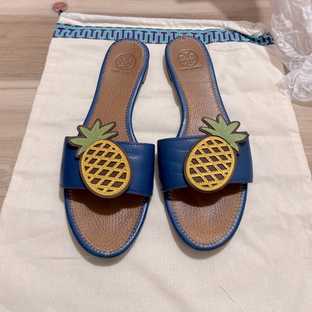 Rare Tory Burch Banana Yellow Neptune Pineapple Flat Slides Sandals 8.5M w/ Box